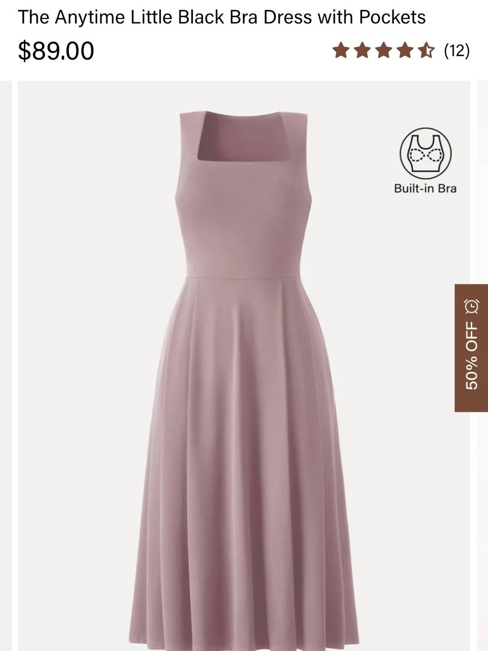 OGL Mauve Square-Neck Midi Dress with Built-In Bra